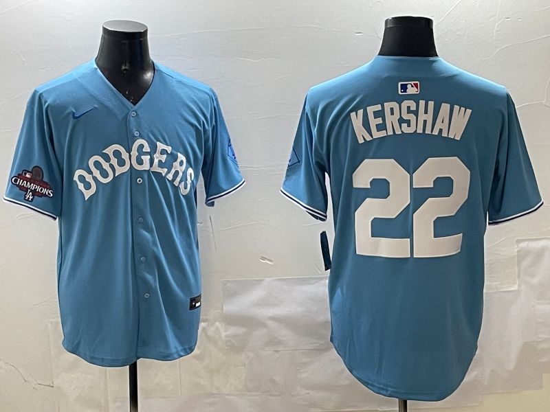 Men Los Angeles Dodgers #22 Kershaw Light Blue Joint Name 2025 Nike MLB Jersey style 3